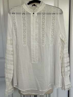 Floryday White Lace Pintuck Ruffle Collar Blouse Size L